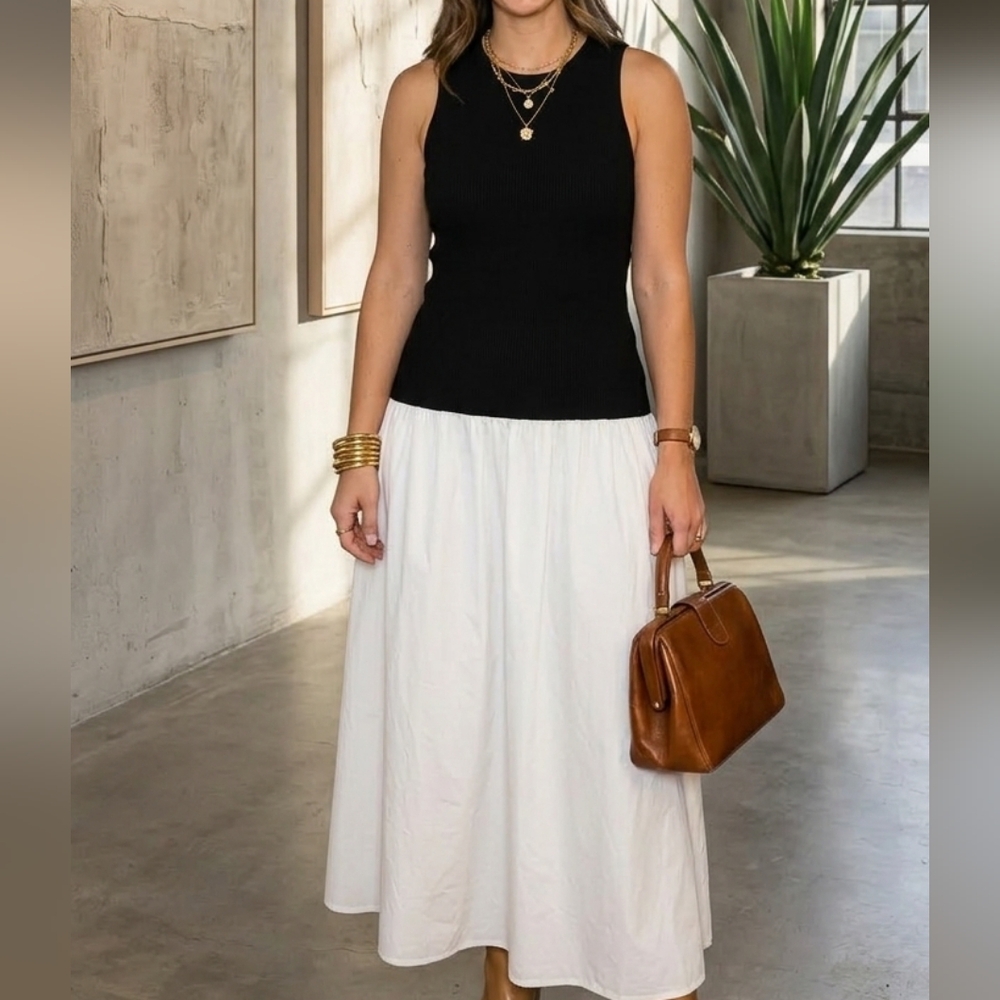 Commense Black Ribbed Bodice with White Flowy Maxi Skirt